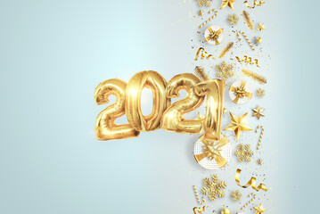 Happy New Year, Inscription 2021 gold balloons on a light background, confetti, creative background. Year of the white bull, flyer, poster. 3D illustration, 3D render.