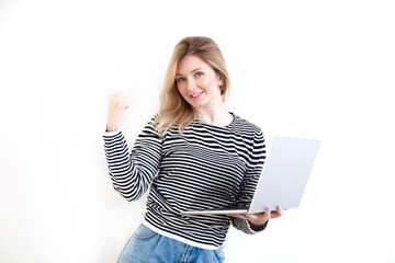 Young beautiful woman emotions in casual clothes on white background