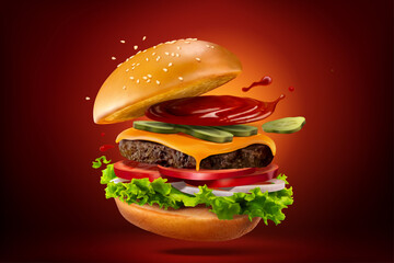 Closeup of homemade hamburger - obrazy, fototapety, plakaty