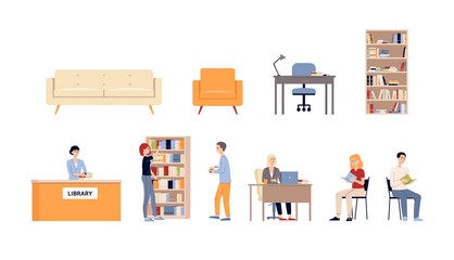 A set of isolated vector icons of various scenes in the public library