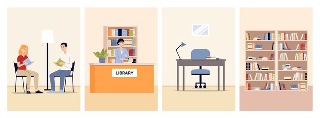 Set of vector cartoon flat illustrations of various scenes in the public library