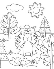 Hedgehog with mushrooms and apples in the forest. Simple childrens coloring book, outline, silhouette of a wild animal. Cute vector illustration.