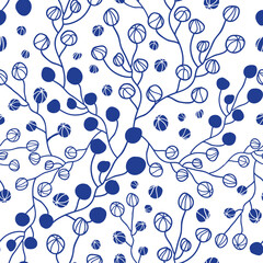 Floral buds and branches blue silhouette seamless pattern background