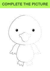 Complete the picture of cute duck. Coloring book. Copy picture. Handwriting practice, drawing skills training. Education developing printable worksheet. Activity page. Cartoon vector illustration.