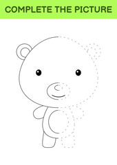 Complete the picture of cute bear. Coloring book. Copy picture. Handwriting practice, drawing skills training. Education developing printable worksheet. Activity page. Cartoon vector illustration.