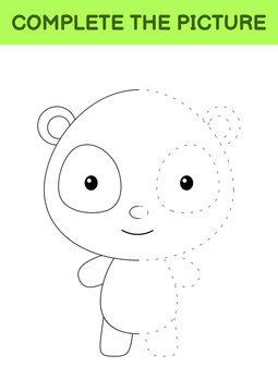 Complete the picture of cute panda. Coloring book. Copy picture. Handwriting practice, drawing skills training. Education developing printable worksheet. Activity page. Cartoon vector illustration.