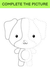 Complete the picture of cute dog. Coloring book. Copy picture. Handwriting practice, drawing skills training. Education developing printable worksheet. Activity page. Cartoon vector illustration.