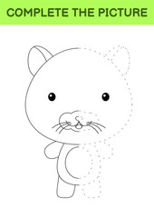 Complete the picture of cute hamster. Coloring book. Copy picture. Handwriting practice, drawing skills training. Education developing printable worksheet. Activity page. Cartoon vector illustration.