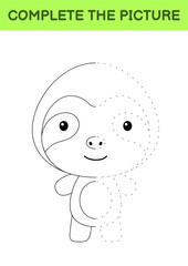 Complete the picture of cute sloth. Coloring book. Copy picture. Handwriting practice, drawing skills training. Education developing printable worksheet. Activity page. Cartoon vector illustration.