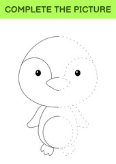 Complete the picture of cute penguin. Coloring book. Copy picture. Handwriting practice, drawing skills training. Education developing printable worksheet. Activity page. Cartoon vector illustration.