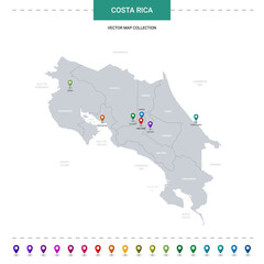Costa Rica map with location pointer marks. Infographic vector template, isolated on white background.