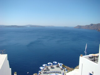 Fototapeta premium Santorini Greece, White Blue Buildings, Aegean Sea, Clear sky