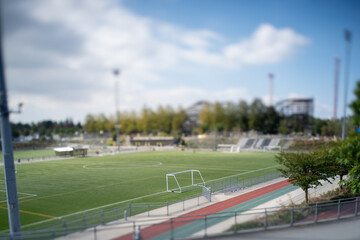 ティルトレンズを使いサッカーゴールをミニチュア風に写した写真　　　バンクーバー　ブリティッシュコロンビア　カナダ
