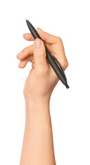 Hand with pen on white background