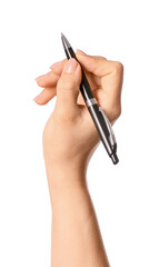 Hand with pen on white background