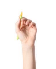 Hand with pen on white background