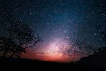 Milky Way Over mountains. Night landscape with colorful of Starry sky with hills at summer. Beautiful Universe. Space background. - obrazy, fototapety, plakaty