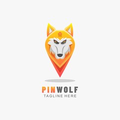 Vector Logo Illustration Pin Wolf Gradient Colorful Style.
