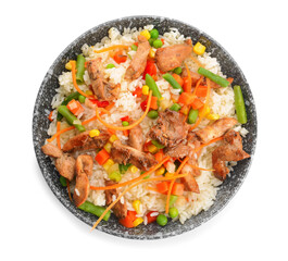 Bowl with tasty fried rice on white background