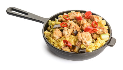 Frying pan with tasty rice on white background