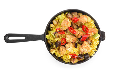 Frying pan with tasty rice on white background