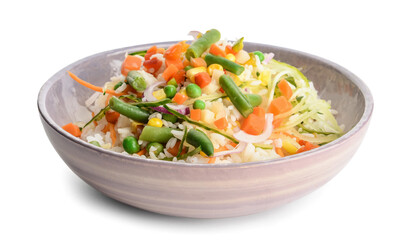 Bowl with tasty fried rice on white background