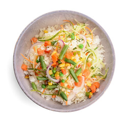 Bowl with tasty fried rice on white background