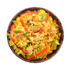 Bowl with tasty fried rice on white background