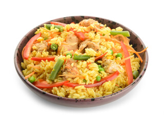 Bowl with tasty fried rice on white background