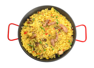 Frying pan with tasty rice on white background