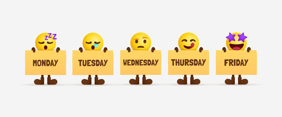 Cute emoji characters holding paper of weekday, office workers feeling timeline