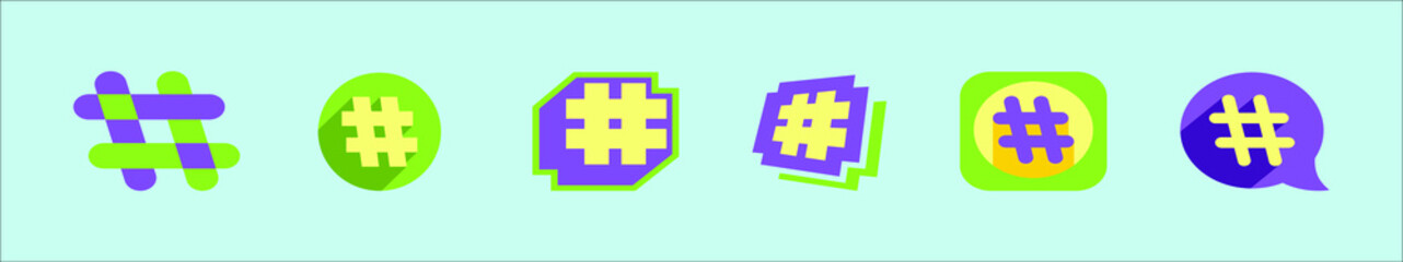 set of hashtag cartoon icon design template with various models. vector illustration