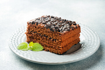 A piece of truffle cake with chocolate on a gray concrete background. Copy space
