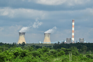 Fototapeta na wymiar Thermal Power station. Long distance view of thermal power station.