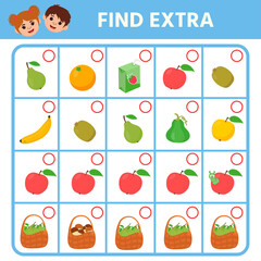 Education logic game for preschool kids. Find extra object in sequence row. Vegetables and fruits. Vector illustration.