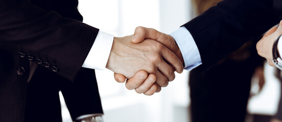 Obraz premium Business people shaking hands after contract signing while standing in a modern office. Teamwork and handshake concept