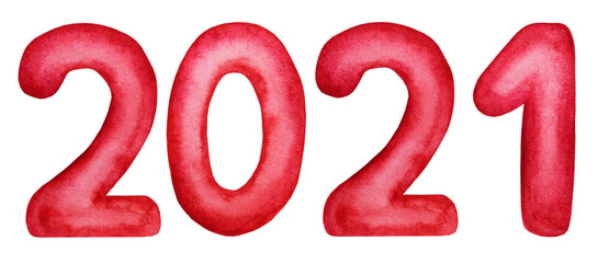 Numbers 2021 are red on a white background. Beautiful watercolor drawings for the holidays. Close-up. Congratulations for relatives, family, friends and colleagues