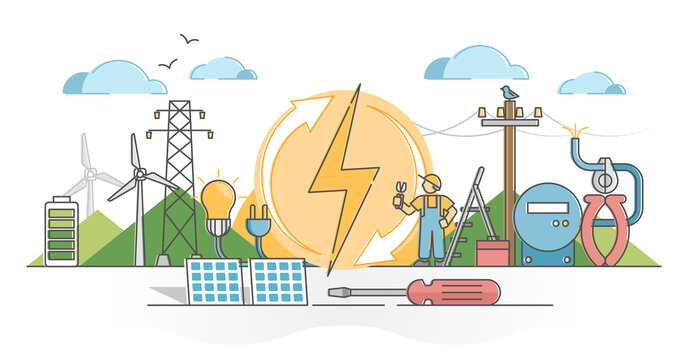 Electricity as wind and solar energy power voltage supply outline concept