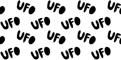 Vector color seamless pattern with the word UFO. Background and texture on the theme of space, UFOlogy, flying saucers, conspiracy