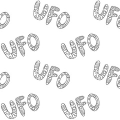 Vector color seamless pattern with the word UFO. Background and texture on the theme of space, UFOlogy, flying saucers, conspiracy