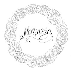 wreath of black and white monstera leaves and lettering for textile, print, raster copy