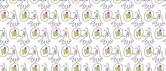 Vector seamless childish pattern with cute outline monsters aliens, space doodles. Background and texture for fabric, wrapping, wallpaper, textile, apparel, cover, coloring book