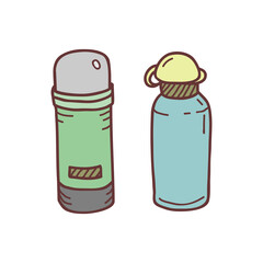 Hand drawn thermos, sketch colored vector illustration. Camping separate icon, colorful doodle image. Element for using in design, packing, textile, logo.