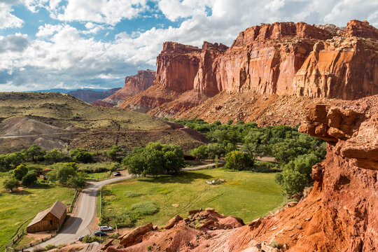The Red Sandstone  Cliffs Along The Waterpocket Fold Above Fruita, Capitol Reef National Park, Utah, USA