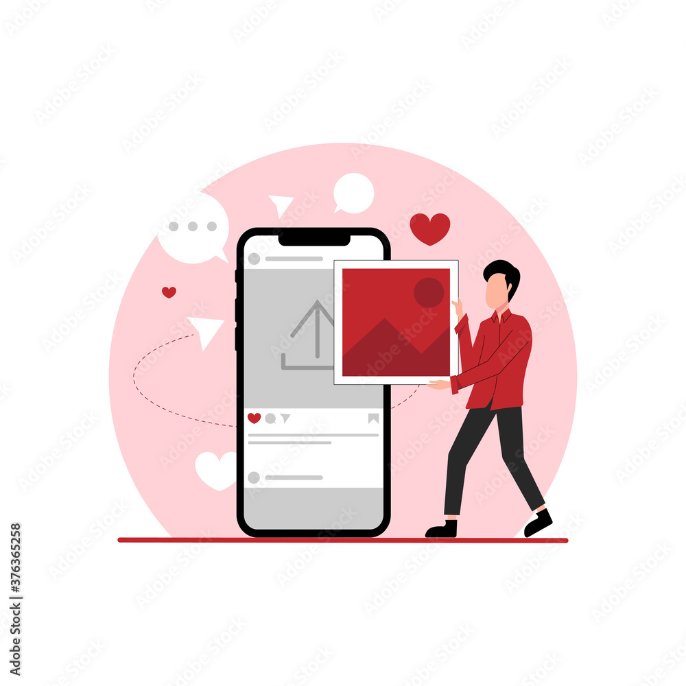 Poster man upload image to social media on mobile phone device. photo sharing concept illustration flat des