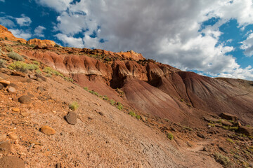Fototapeta premium Red Hills of Eroded Sand and Clay Wash Down From the Steep Cliffs of the Waterpocket Fold, Capitol Reef National Park, Utah, USA