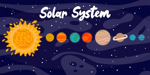 Cartoon Solar system. Heavenly science poster with space objects. Colorful planets on space background, sun stars and astronomy objects, galaxy map with lettering vector educational illustration