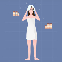 Happy girl washing hair in bathroom, health hair protection, daily routine, hygiene concept in cartoon style