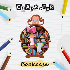 Cartoon character bright round retro bookcase flat