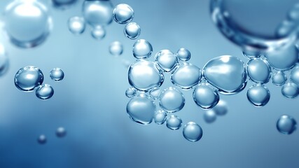 Bubbling fizz and refreshing beauty care products cleanliness or reviving vitality. Studio shot of transparent effervescent blue gas bubbles levitating in macroscopic view with defocus bokeh blur. - obrazy, fototapety, plakaty